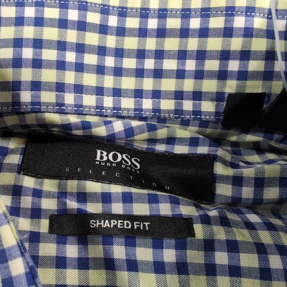Hugo Boss Shirt Men 41/16 Green Blue Button Up Shaped Fit Long Sleeve‎ Soft
